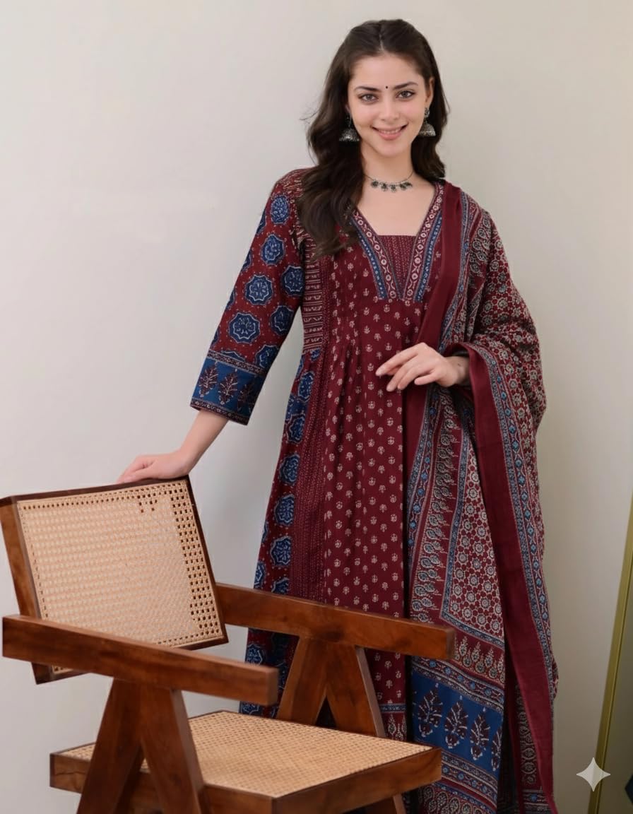 KLOSIA Women's Rayon Printed Anarkali Kurta and Pant with Dupatta Set