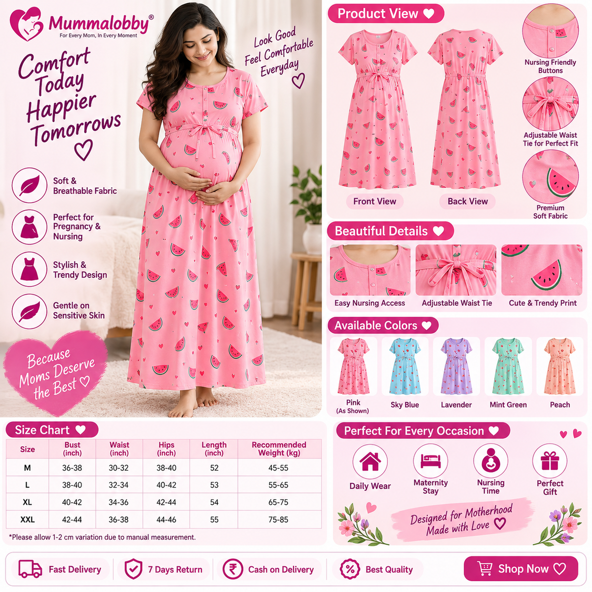 Zipless Feeding Maternity Nightdress – Pink Watermelon Print