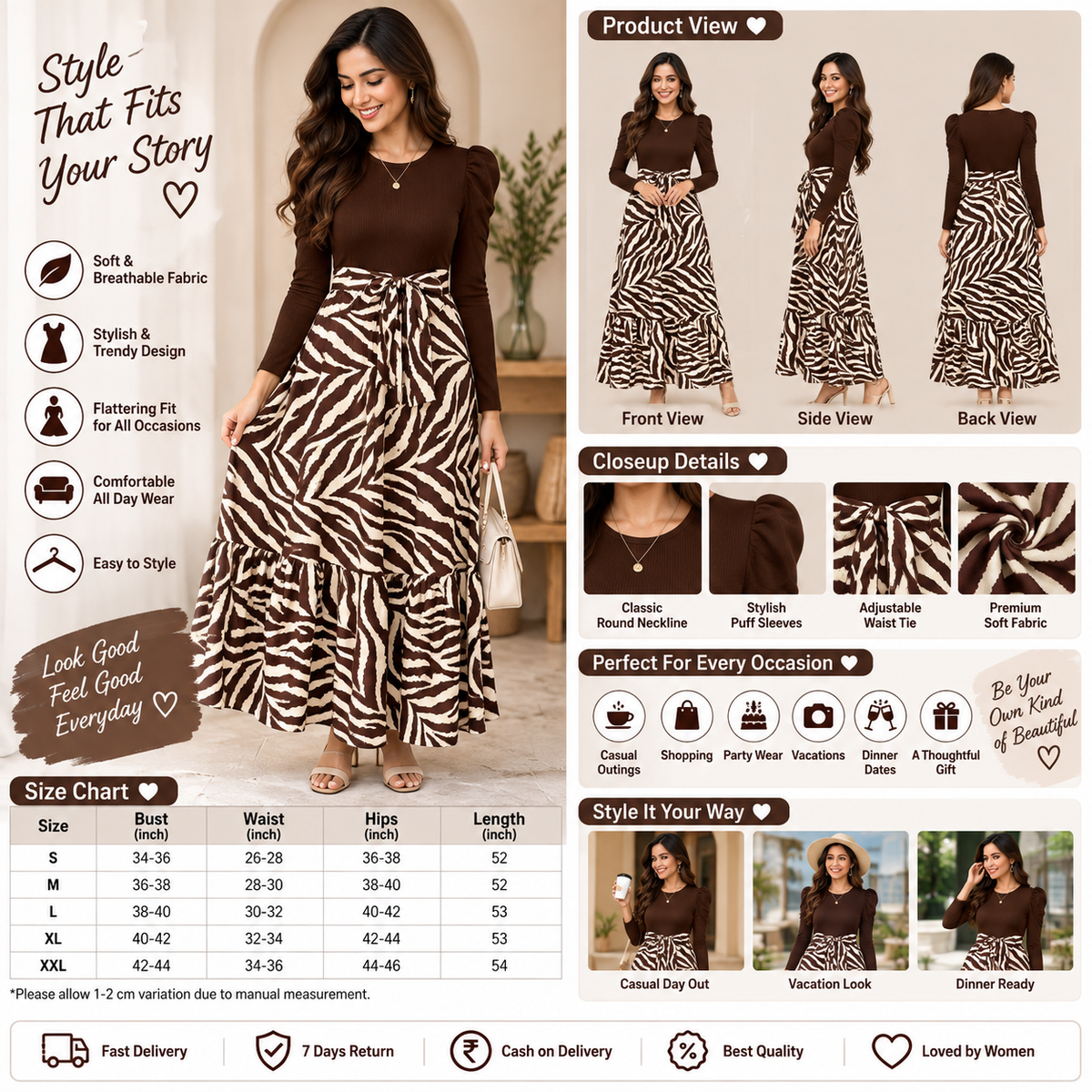 Women's Brown Cream Printed Maxi Dress