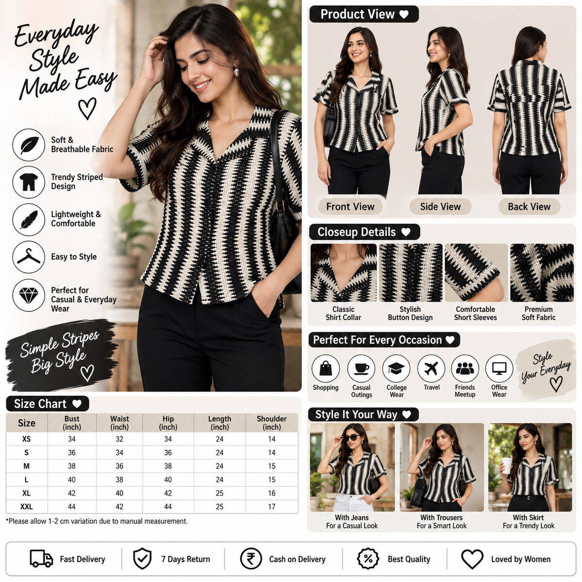 Women's Black Striped Casual Shirt