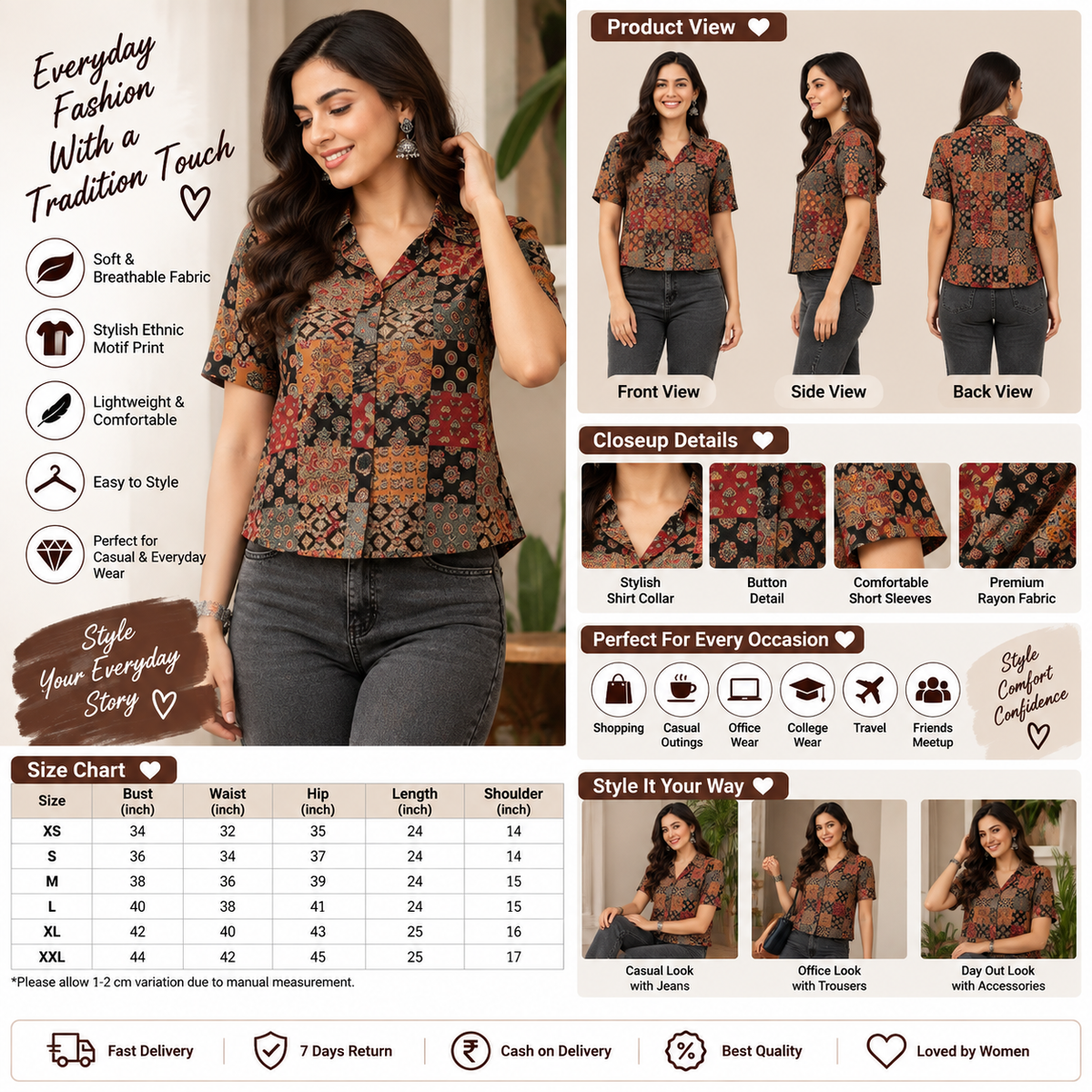Women's Brown Ethnic Motif Designer Shirt