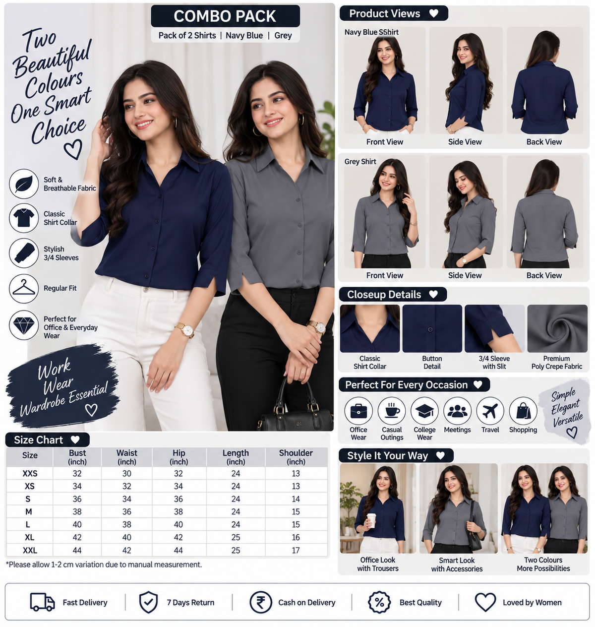 Combo of Women's Solid Regular Fit Formal Shirt