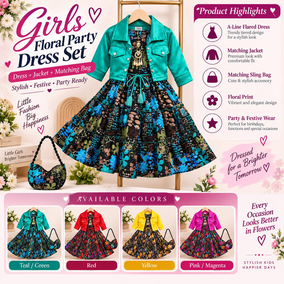 Girls Floral Party Dress Set – Dress + Jacket + Matching Sling Bag