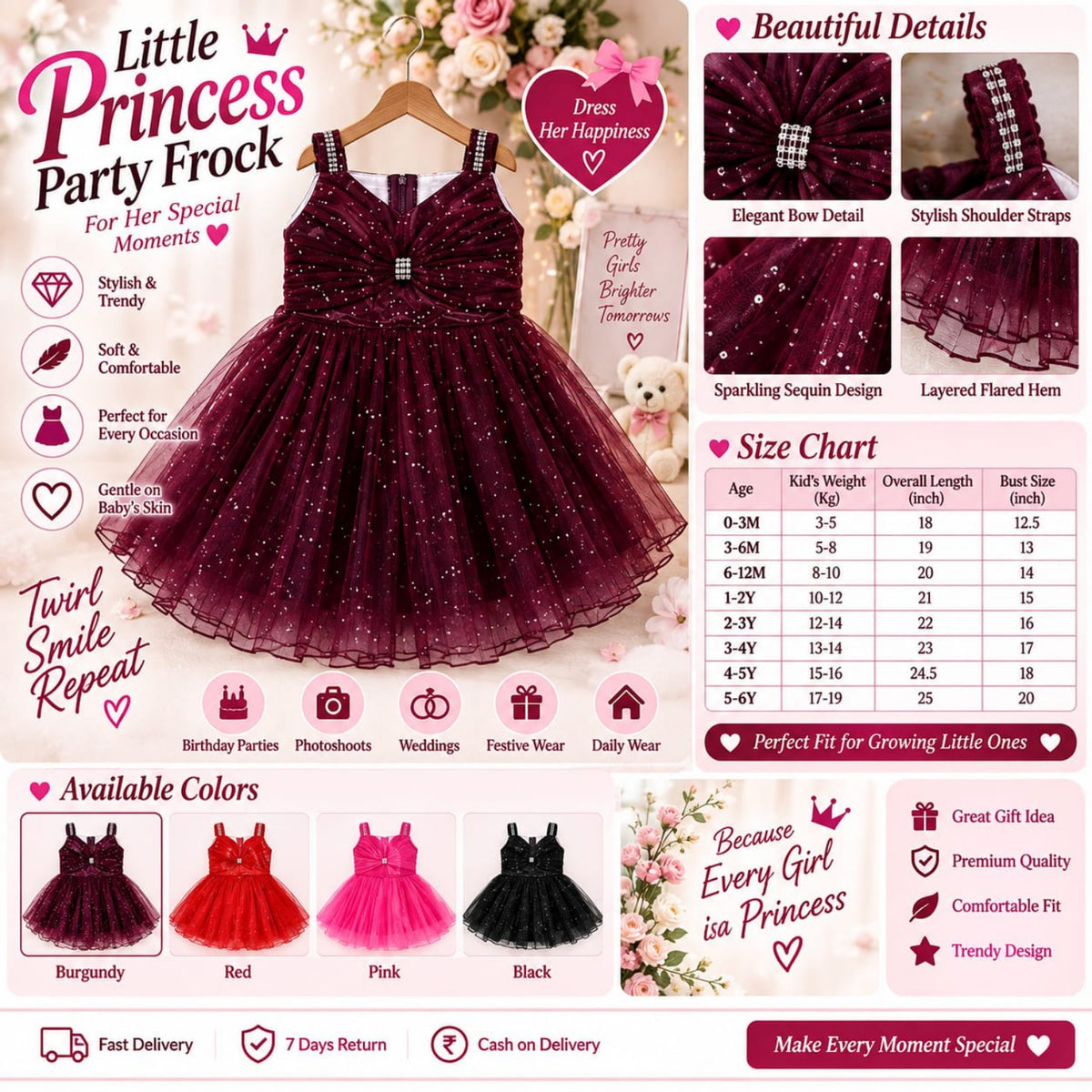 Little Princess Sequin Party Frock for Girls | Birthday &amp; Occasion Wear Dress