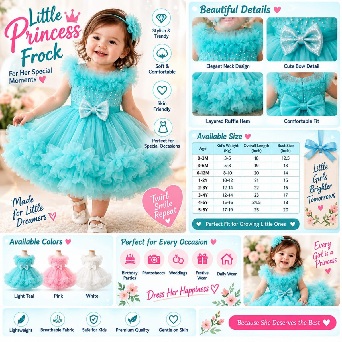 Little Princess Frock for Girls | Party Wear Tutu Dress with Bow &amp; Ruffle Layers