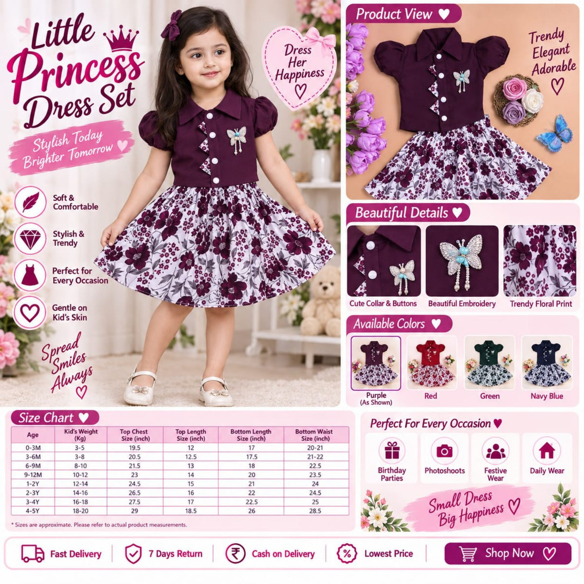 Little Princess Dress Set for Girls | Floral Party Wear 2-Piece Dress