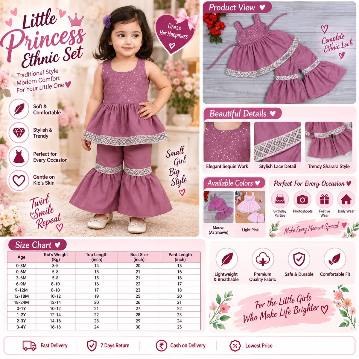 Little Princess Ethnic Dress Set for Girls – Stylish Top & Sharara Set