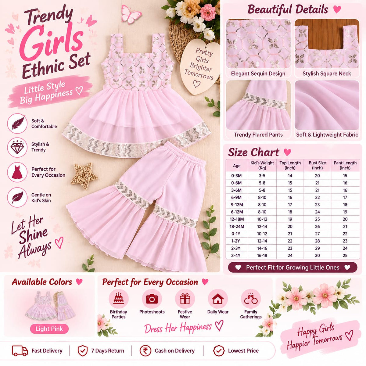 Girls Ethnic Set | Sequin Top &amp; Flared Pants | Festive Party Wear