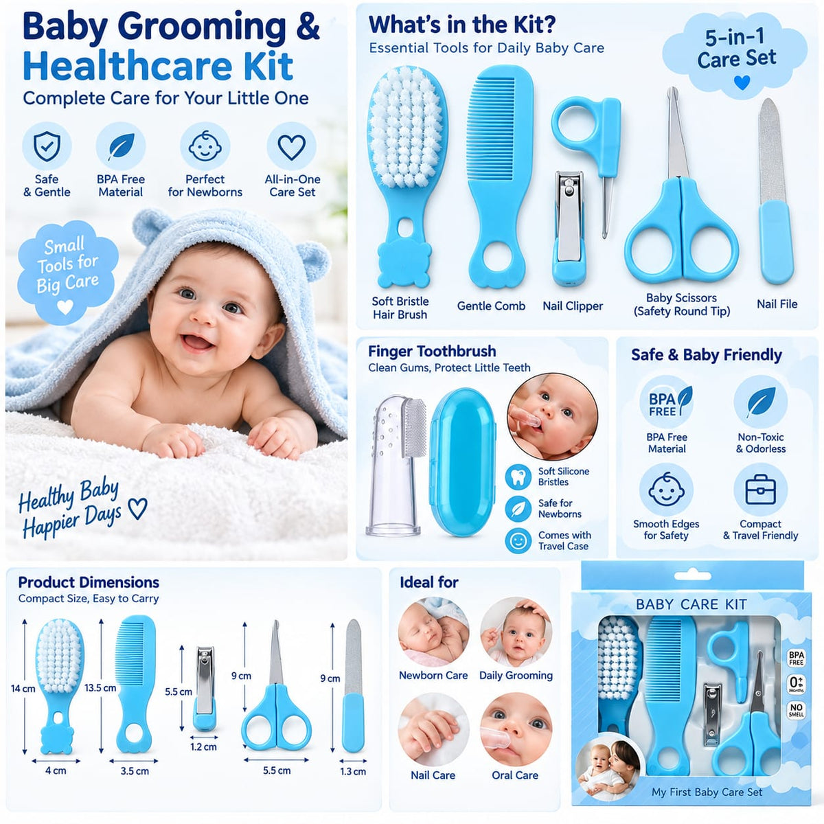 Baby Grooming &amp; Healthcare Kit | 5-in-1 Newborn Baby Care Set with Finger Toothbrush