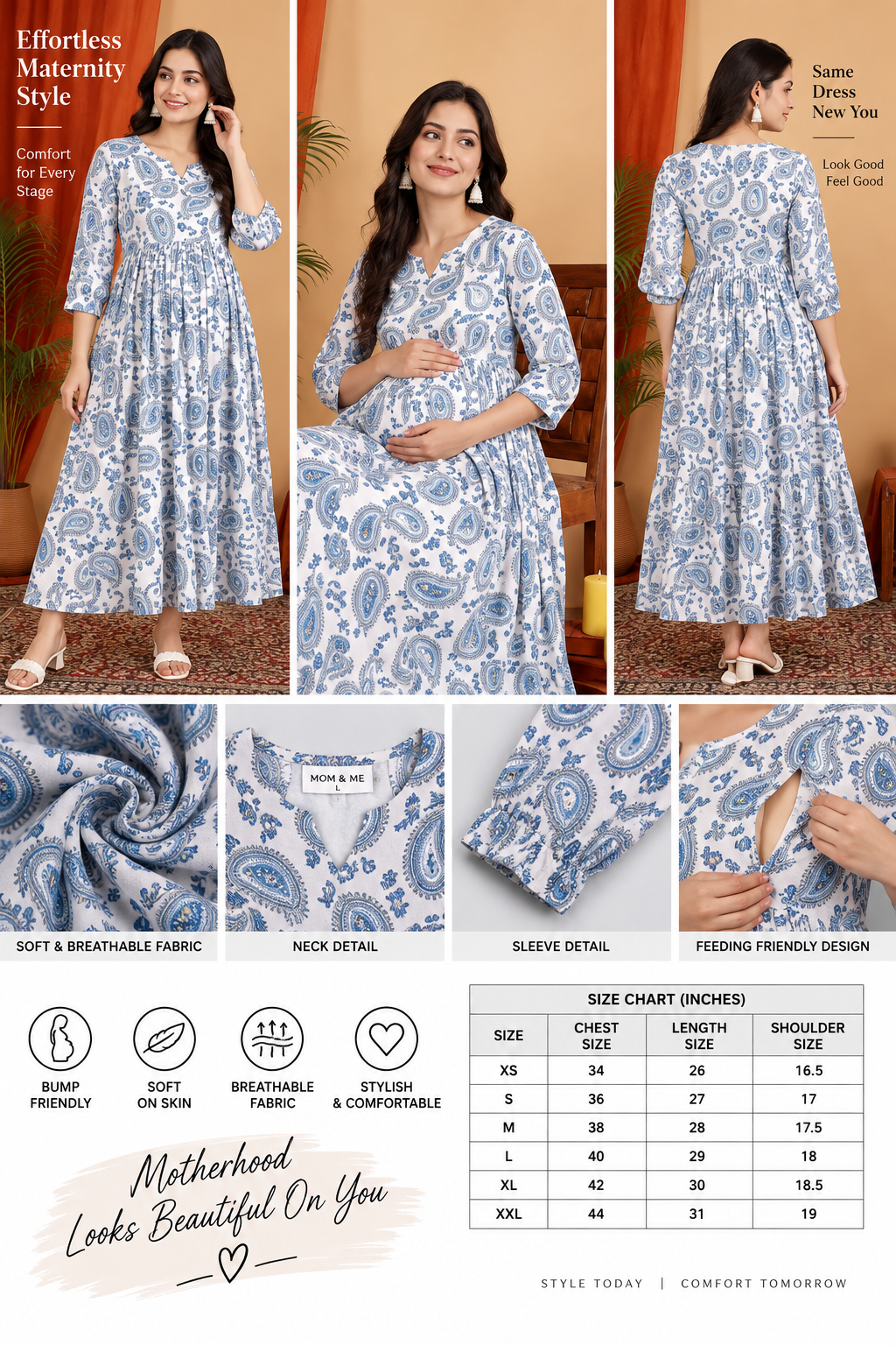 Elegant Printed Maternity Dress for Women | Feeding Friendly & Bump Friendly